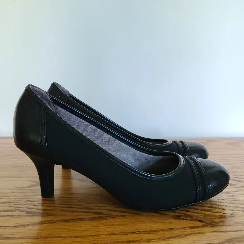 Life Stride Women's Petunia Black Pumps High Heels Shoes Patent And Fabric 8.5M
